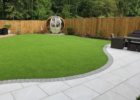 Large Garden with Fence, Pod Seating Area, Green Artificial Grass and Grey Patio